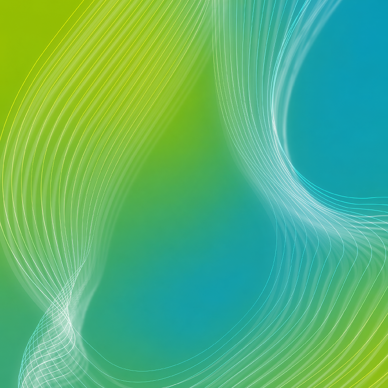 Abstract green and blue gradient background with flowing white wave lines and soft curved forms.