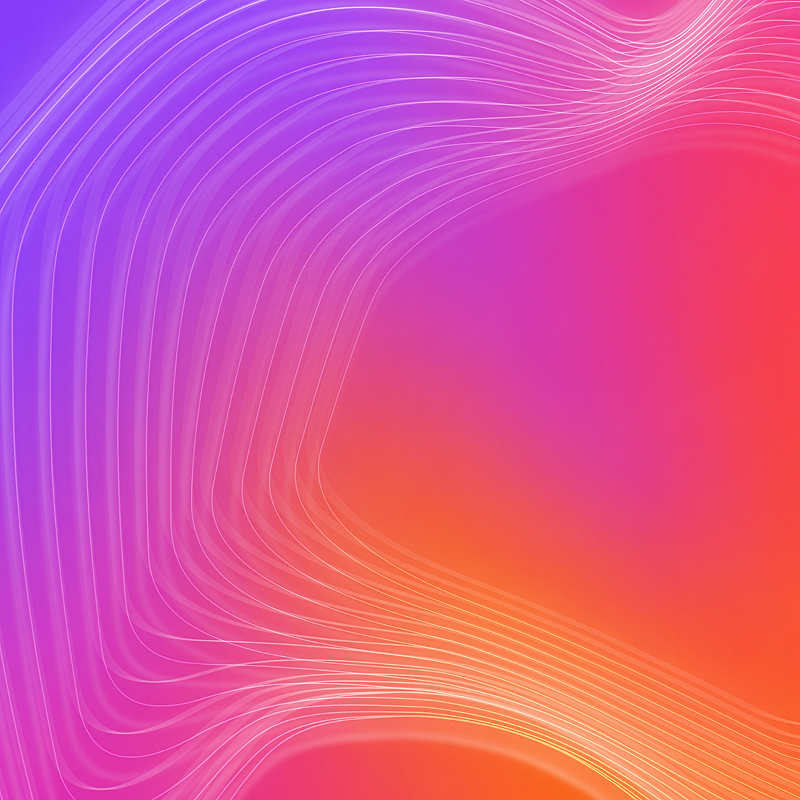 Abstract orange, pink, and purple gradient with flowing white lines forming a sweeping curve.