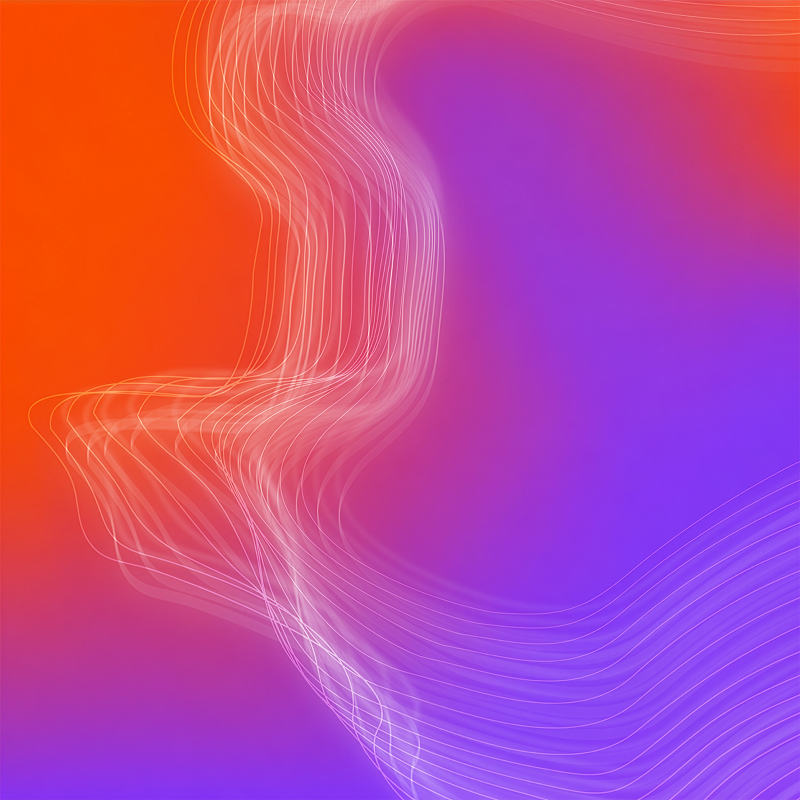 Abstract orange and purple gradient background with flowing white wave lines forming sweeping curves.