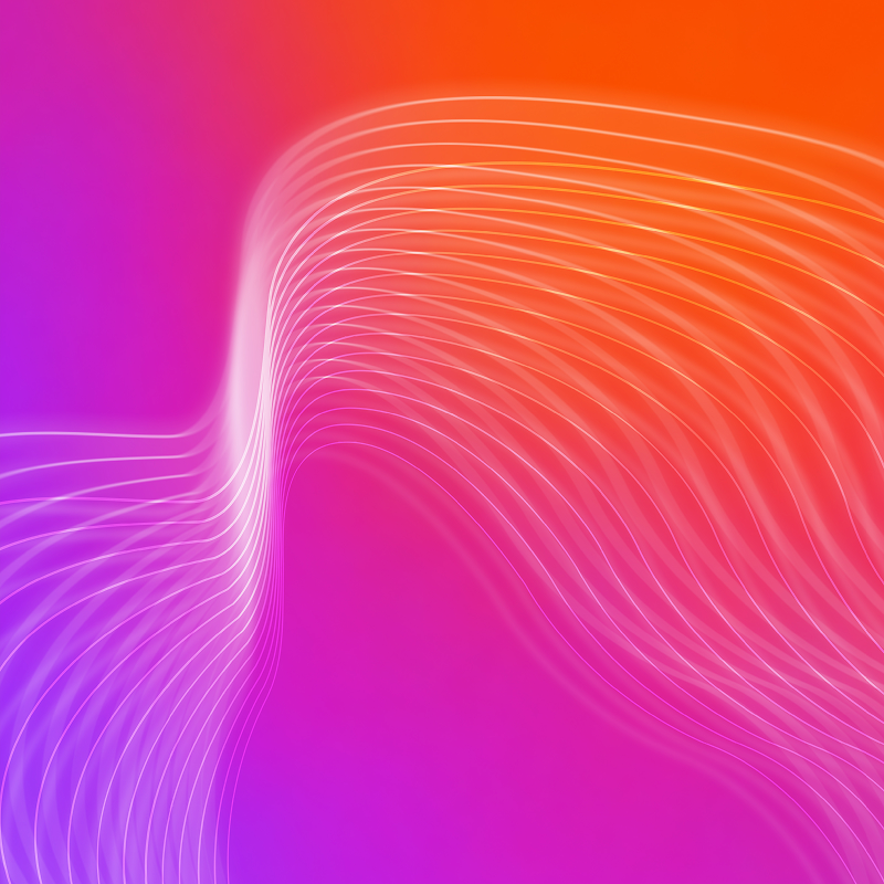 Flowing white curved lines sweep across a vibrant pink, purple, and orange gradient background.